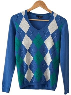 Tommy Hilfiger Royal Blue, Green & White Preppy Argyle V-Neck Sweater XS